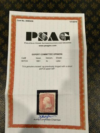 U.  S.  Stamps Scott 66TC6 3 Cent Lake with PSAG Cert. 3