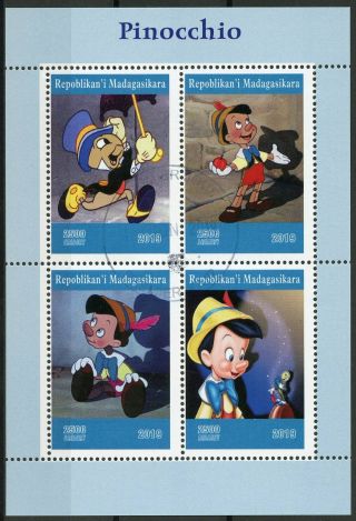 Madagascar 2019 Cto Pinocchio Jiminy Cricket 4v M/s Disney Cartoons Stamps