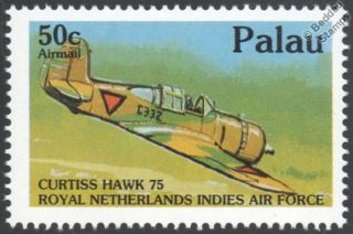 Wwii Royal Netherlands Air Force Curtiss Hawk 75 Aircraft Stamp (1992 Palau)