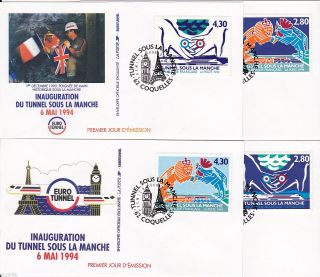 Train Opening Of The Channel Tunnel France Great Britain 1994 - Set On 4 Fdc 