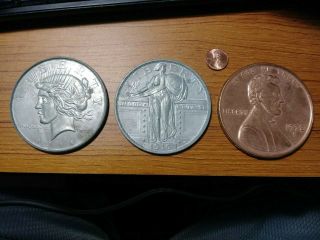 3x Large Metal Coin Display Toy,  Paperweight - Dollar,  Quarter,  And Penny,  3 "