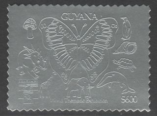 Guyana 6179 - 1992 Genova Exn In Silver - Fungi,  Butterfly,  Dinosaur,  Tortoise