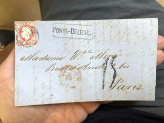 Rare Portugal Folding Letter Cover 1863 Ponta Delgada Azores To Paris