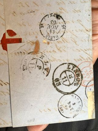 Rare Portugal Folding Letter Cover 1863 Ponta Delgada Azores To Paris 6