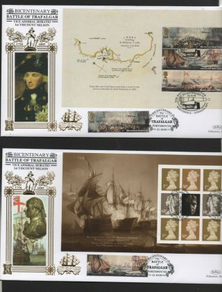 Gb 2005 Benhams Gold Fdc Battle Of Trafalgar Booklet Panes 4 Pmk Stamps 4 Covers