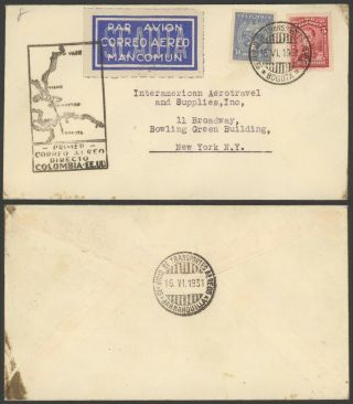 Colombia 1931 - Air Mail Cover Flight To York Usa - Scadta 34823/24