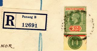 Malaya Singapore Straits Settlements 1935 Kgv $2.  00 Register Air Cover To Uk Gb