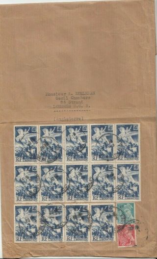 S125 France 1945ish Cover Uk; 14 4f Liberation Stamps,  2