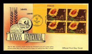 Dr Jim Stamps Us Fdc Kansas Statehood Centennial Plate Block 1961