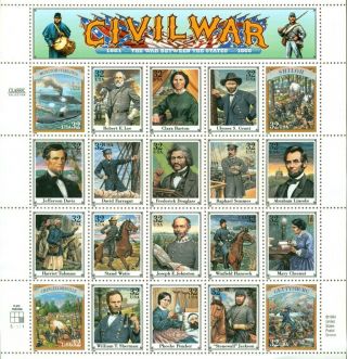Us: 1995 Civil War: Complete Sheet Sc 2975; 32 Cents Values Lee Grant Lincoln