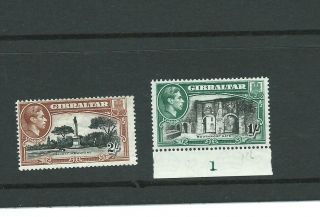 2 X George 6th Gibraltar Stamps.  1/ - And 2/ -.  Perf 13 And Half.  U/m