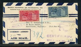 Nicaragua Postal History: Lot 153 1938 Reg Air Managua - Manchester Uk $$$