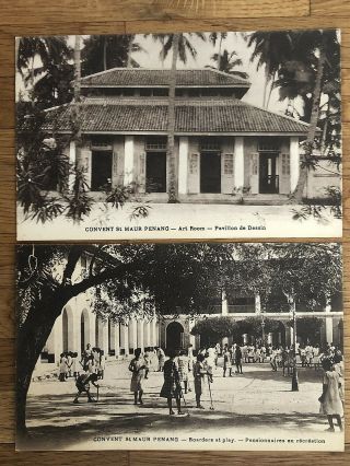 2 X Malaya Old Postcard Convent St Maur Penang Boarders Playing Art Room