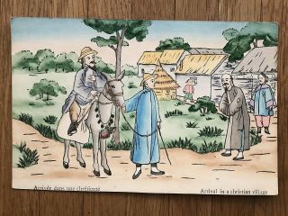 China Old Postcard Painting European Man Arrival In A Christian Village