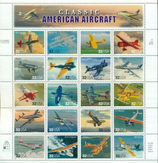 Us: 1997 Classic American Aircraft; Sheet Of 20,  Sc 3142; 32 Cents,  Airplanes