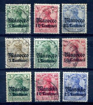 German P.  Os In Morocco 1905 - 18 Selection Of 9 Lower Values,  Slight Faults