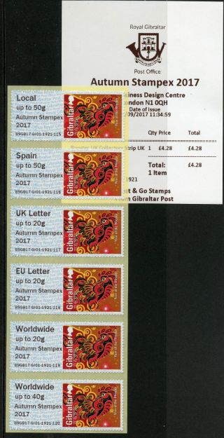 Gibraltar 2017 Mnh Year Of Rooster Post & Go Autumn Stampex 6v Col Strip Stamps