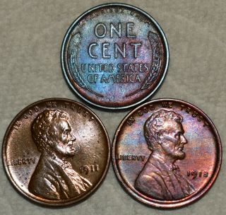 Uncirculated 1909 - P Vdb,  1911 - P,  And 1918 - P Lincoln Cents Sharp Specimens