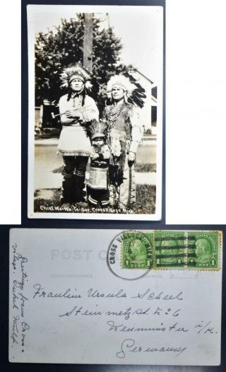 Usa 1934 Nativ American Chief Wa - Wa - Ta - See Photo Ppc Cross Village To Germany