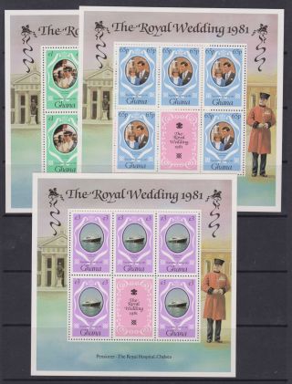 1981 Royal Wedding Charles & Diana Mnh Stamp Sheetlets Ghana Perf Sg 952 - 954
