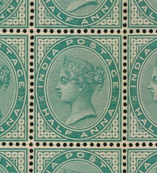 INDIA STAMPS 1882 QV 1/2a BLUE - GREEN BLOCK x28,  SG 85 SCARCE LARGE MNH MULTIPLE 3
