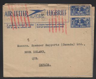 South Africa - 1945 Air Letter,  H&g 1 3d,  3d To Canada,  Red Bar Cancels.