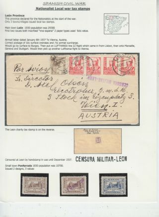 Spanish Civil War 1937 Leon To Vienna Cover,  3 Ponferrada Local Stamps