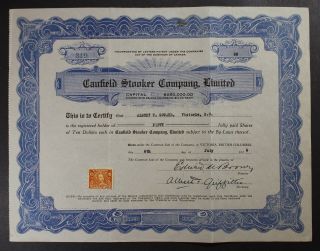 Canada Revenue Fx6 On Stock Certificate " Caufield Stooker Company "
