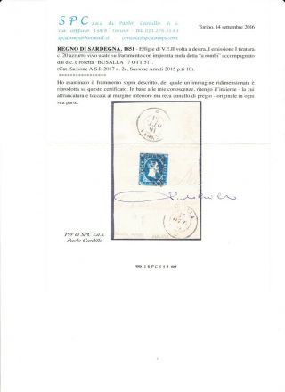 Sardinia 1851 20c blue Sassone 2c ' prima tiratura ' on piece with certificate 2