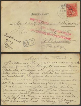 Netherlands Wwi 1915 - Postcard Tilburg To Belgium & Return D40