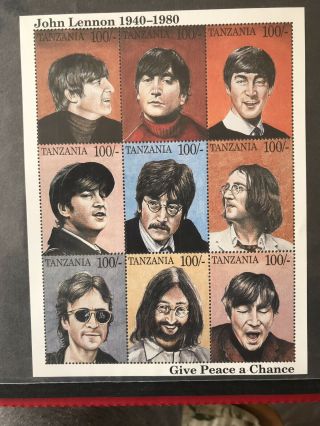 Tanzania 1995 Mnh John Lennon The Beatles Peace 9v M/s Music Celebrities Stamps