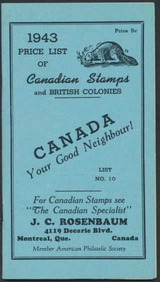 1943 Stamp Dealer J C Rosenbaum Price List Of Canadian Stamps