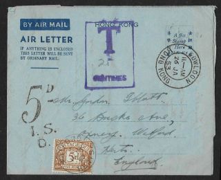 E35] Hong Kong To Gb Airletter Posted Unstamped 26.  1.  1953 With Gb 5d Postage Due