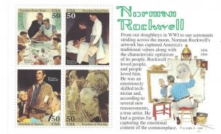 1994 Norman Rockwell Souvenir Sheet Of 4 Different,  50¢ " Freedom " Stamps,  2840