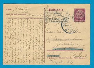 Olympics 1936 Postal Card Karsruhe With Slogan Cancel To Netherlands Forwarded