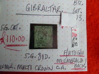 Gibraltar Kgv Stamp 1/ - Sg81d On Emerald Back F/u - G/u Wmk Multi Crown