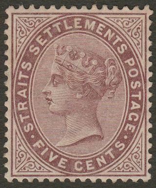 Malaya Straits Settlements 1882 Qv 5c Purple - Brown Sg48 Cat £120 Small Thin