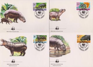 Liberia 1984 World Wildlife Fund Pygmy Hippopotamus - 4 First Day Covers - (107)