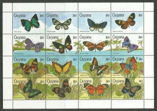 Stamps - Guyana.  1990 Butterflies (1st Sheetlet).  Mi: 2746/61.  Never Hinged.