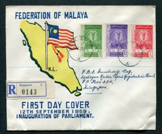 12.  9.  1959 Malaysia Malaya Set Stamps On Registered Fdc Singapore/a Cds Pmk