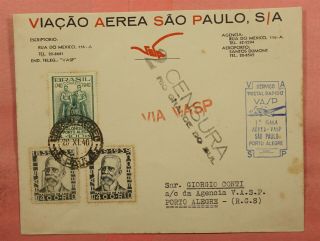 1940 Brazil Vasp First Flight Sao Paulo To Porto Alegre Wwii Censor 101445