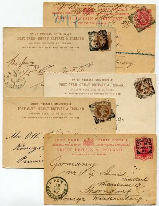 Uk Squared Circle Postmarks Lot 1887 - 1904 Upu Stationery Postcards X 5 -