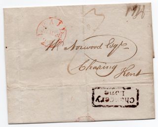 1821 Wrapper To Charing Kent With Boxed Chancery Lane Receiving House & Red Paid