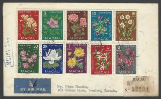 Macau 1953 Flowers Set Of 10 On 1961 Registered Cover To Hong Kong