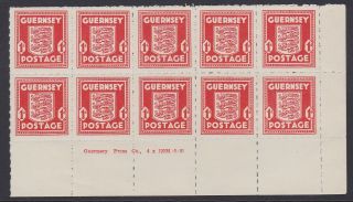Guernsey 1941 1d Scarlet Block With Selvedge Printer Imprint Cds Sg2