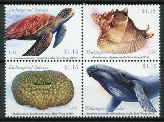 United Nations Un York 2019 Mnh Endangered Whales Turtles 4v Block Stamps