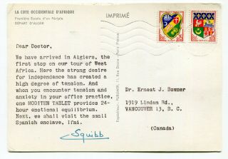Dh - French Algeria 1962 - Dear Doctor Squibb Medicine - Postcard To Canada