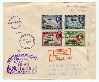 Curacao 1943 Airmail Overprint - Registered Fdc Cover - Sent To Usa - Censor -