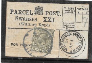 Wales 1916 Parcel Post Label Swansea Xxj (walters Road) Cds
