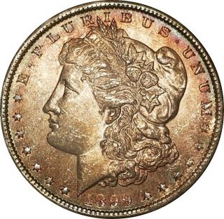 1899 - O Morgan Silver Dollar,  Obverse Rainbow Toning W/ White Reverse,  Lustrous